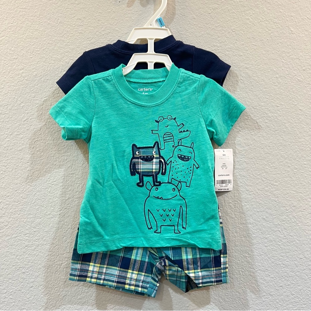 NWT Carter's - 6m Teal Monster T-Shirt, Bodysuit and Plaid Shorts 3-Piece Set